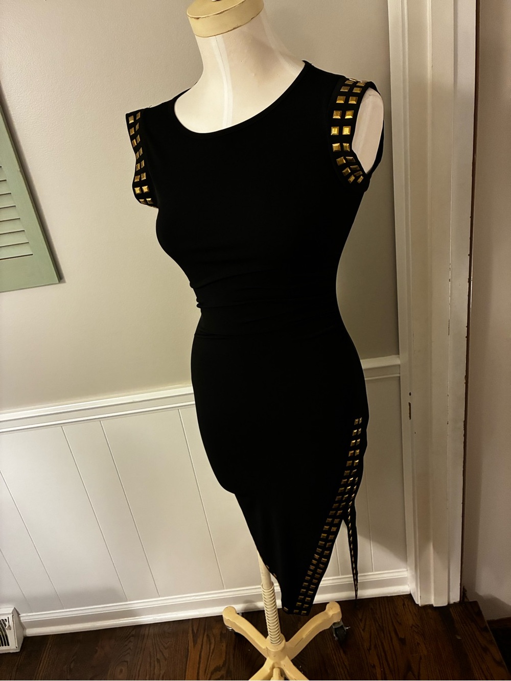 MICHAEL Michael Kors Black Midi Dress with Gold Stud Accents